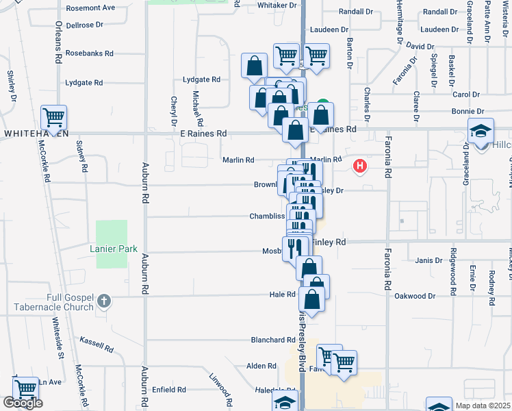 map of restaurants, bars, coffee shops, grocery stores, and more near 1061 Chambliss Road in Memphis