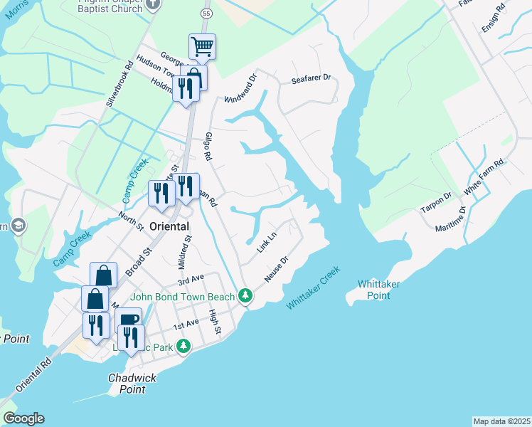 map of restaurants, bars, coffee shops, grocery stores, and more near 104 Gull Circle in Oriental
