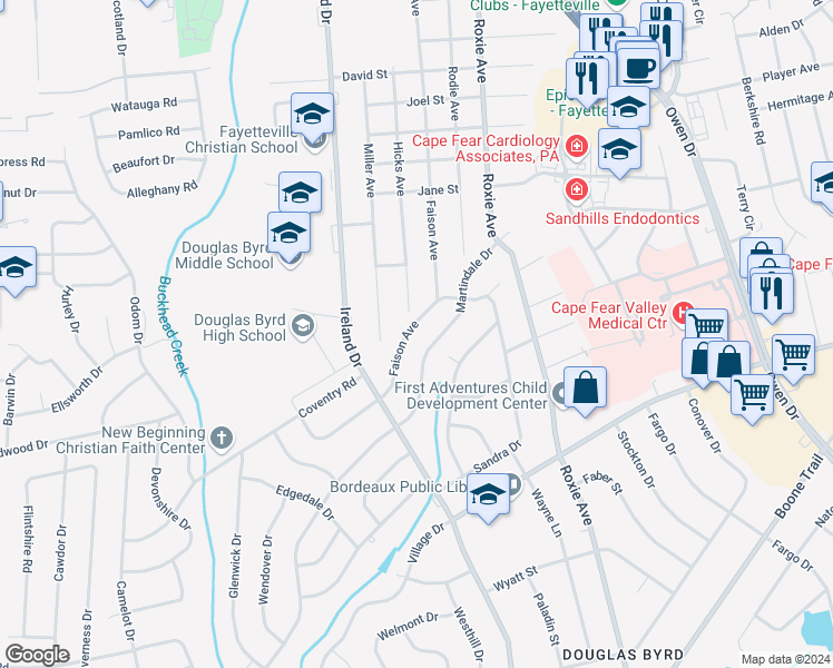 map of restaurants, bars, coffee shops, grocery stores, and more near 1115 Faison Avenue in Fayetteville