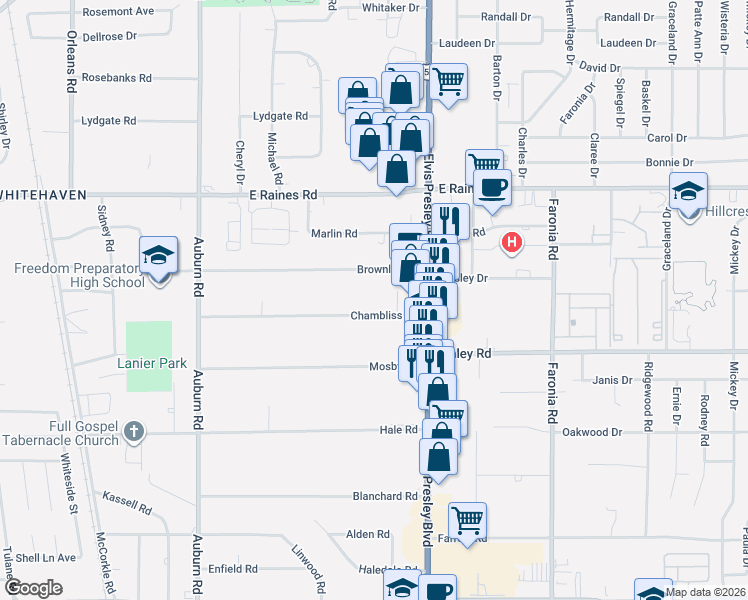map of restaurants, bars, coffee shops, grocery stores, and more near 1101 Chambliss Road in Memphis