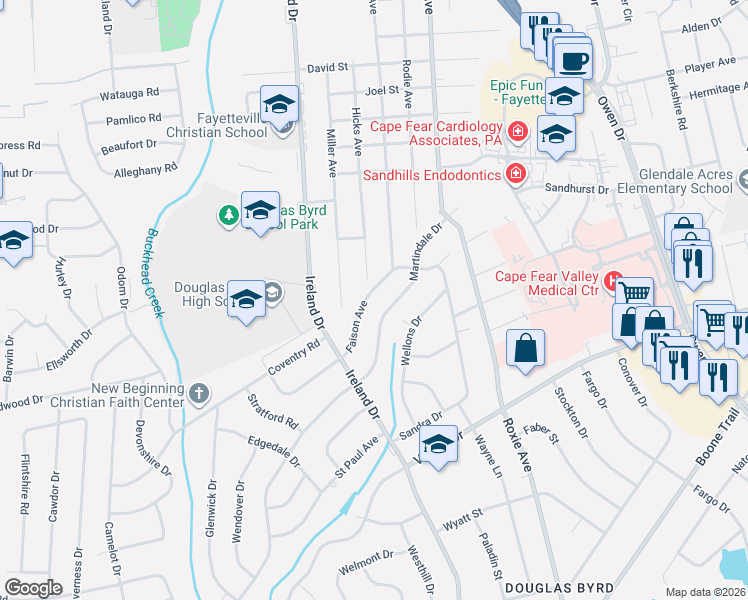 map of restaurants, bars, coffee shops, grocery stores, and more near 1204-1208 Martindale Drive in Fayetteville
