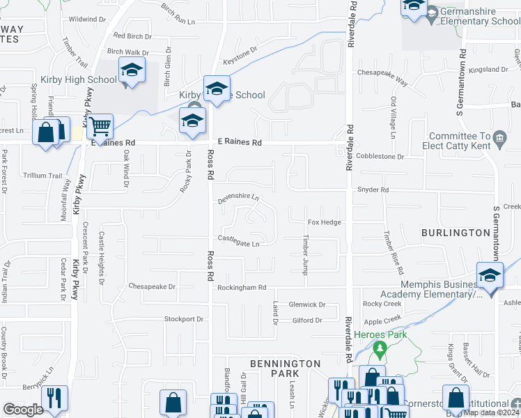 map of restaurants, bars, coffee shops, grocery stores, and more near 4288 Willow Way Cove in Memphis