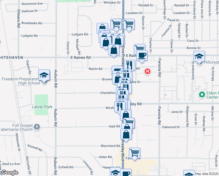 map of restaurants, bars, coffee shops, grocery stores, and more near 1104 Chambliss Road in Memphis