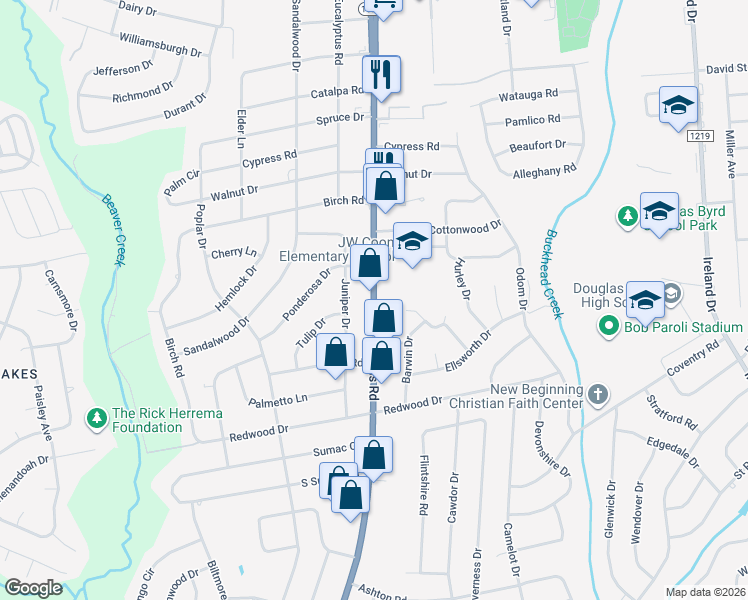 map of restaurants, bars, coffee shops, grocery stores, and more near 913 Hope Mills Road in Fayetteville