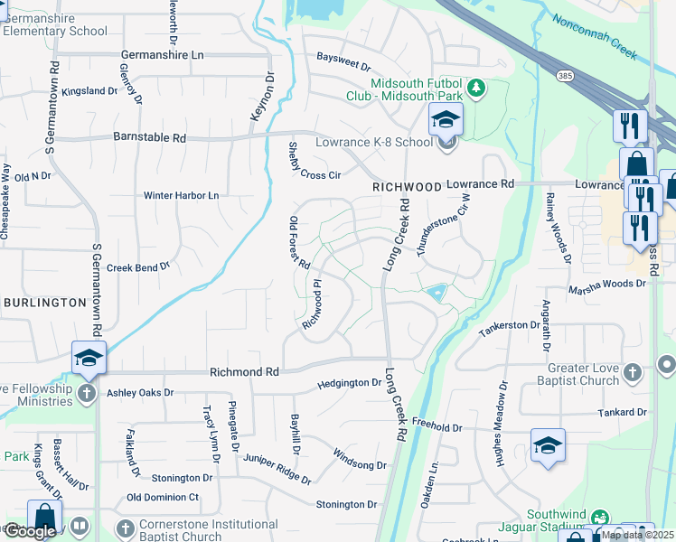 map of restaurants, bars, coffee shops, grocery stores, and more near 4286 Old Forest Road in Memphis