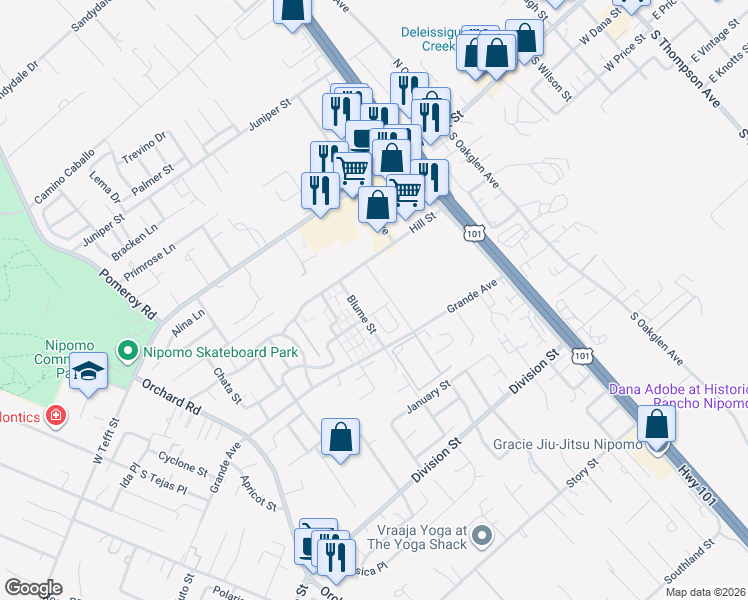 map of restaurants, bars, coffee shops, grocery stores, and more near 247 Blume Street in Nipomo