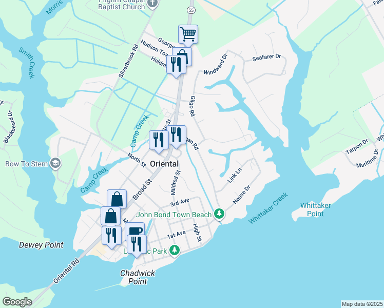 map of restaurants, bars, coffee shops, grocery stores, and more near 511 Ragan Road in Oriental