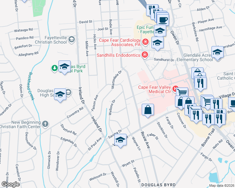 map of restaurants, bars, coffee shops, grocery stores, and more near 1132 Wellons Drive in Fayetteville