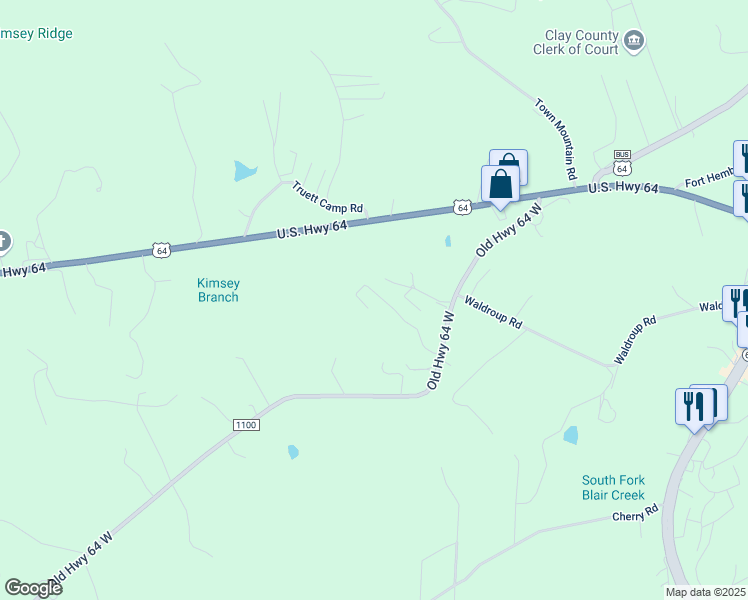 map of restaurants, bars, coffee shops, grocery stores, and more near 480 Old Highway 64 West in Hayesville