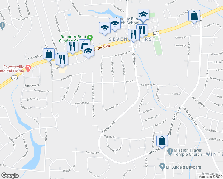 map of restaurants, bars, coffee shops, grocery stores, and more near 1926 Partridge Court in Fayetteville