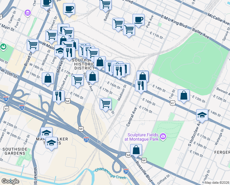 map of restaurants, bars, coffee shops, grocery stores, and more near 648 East 18th Street in Chattanooga