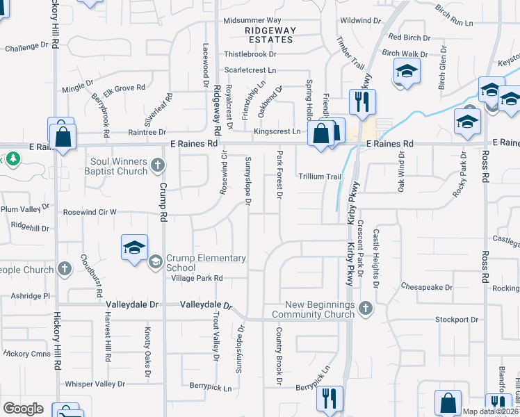map of restaurants, bars, coffee shops, grocery stores, and more near 4313 Sunnyslope Drive in Memphis