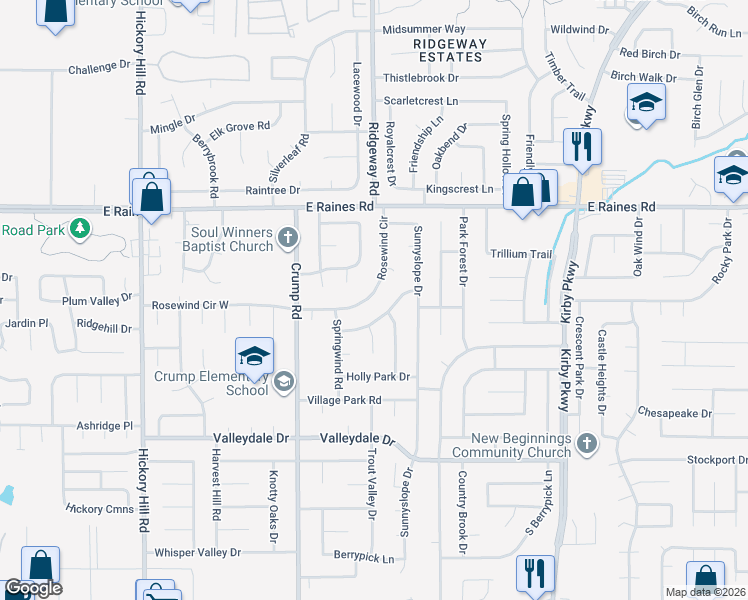 map of restaurants, bars, coffee shops, grocery stores, and more near 4309 Deergrove Road in Memphis