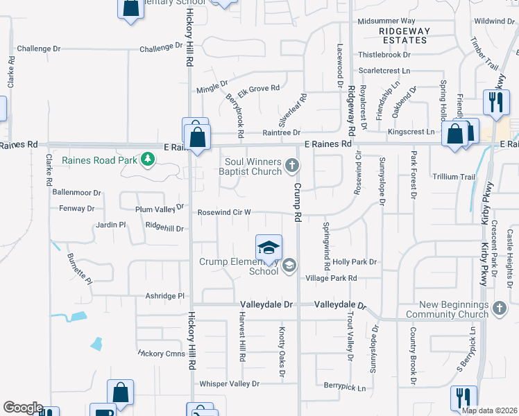 map of restaurants, bars, coffee shops, grocery stores, and more near 6038 Rosewind Circle West in Memphis