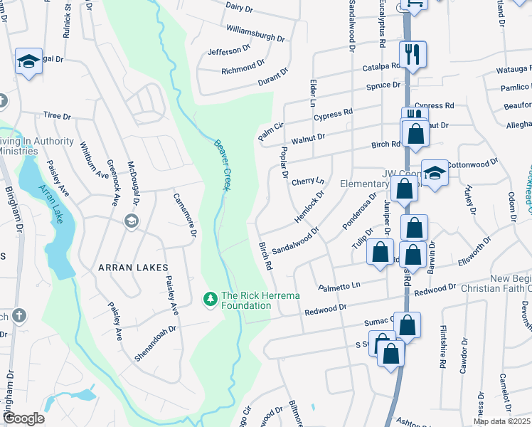 map of restaurants, bars, coffee shops, grocery stores, and more near 5427 Birch Road in Fayetteville
