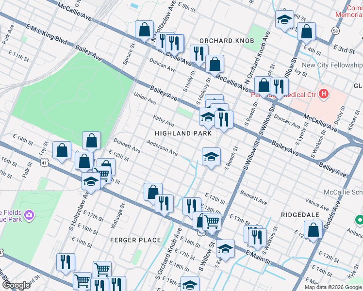 map of restaurants, bars, coffee shops, grocery stores, and more near 1711 Anderson Avenue in Chattanooga