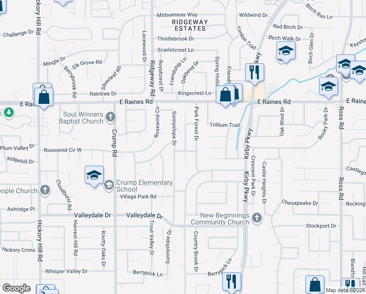 map of restaurants, bars, coffee shops, grocery stores, and more near 4313 Sunnyslope Drive in Memphis