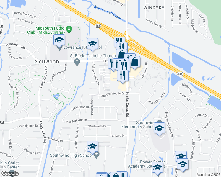 map of restaurants, bars, coffee shops, grocery stores, and more near 7949 Carmen Cove in Memphis