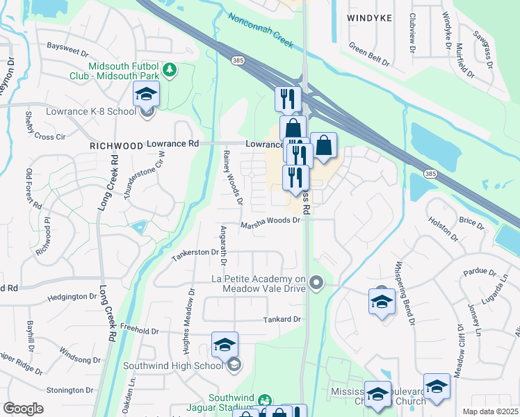 map of restaurants, bars, coffee shops, grocery stores, and more near 7933 Carmen Cove in Memphis