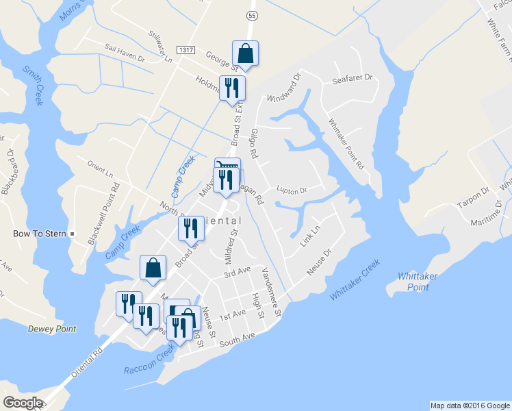 map of restaurants, bars, coffee shops, grocery stores, and more near 511 Ragan Road in Oriental