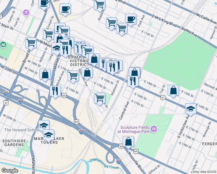 map of restaurants, bars, coffee shops, grocery stores, and more near 648 East 18th Street in Chattanooga