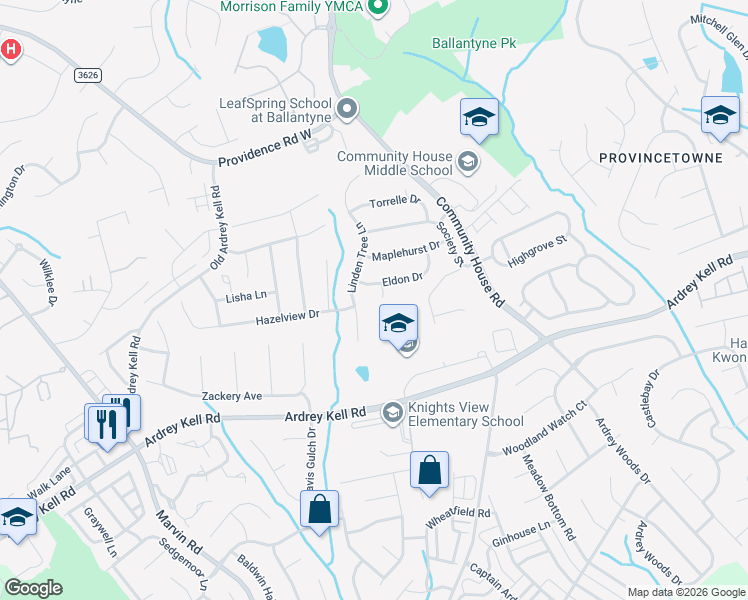 map of restaurants, bars, coffee shops, grocery stores, and more near 14132 Eldon Drive in Charlotte