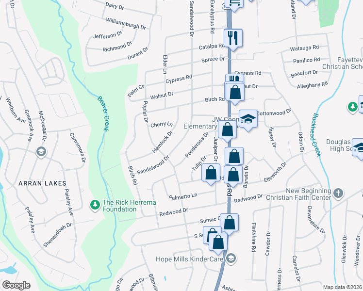 map of restaurants, bars, coffee shops, grocery stores, and more near 901 Sandalwood Drive in Fayetteville