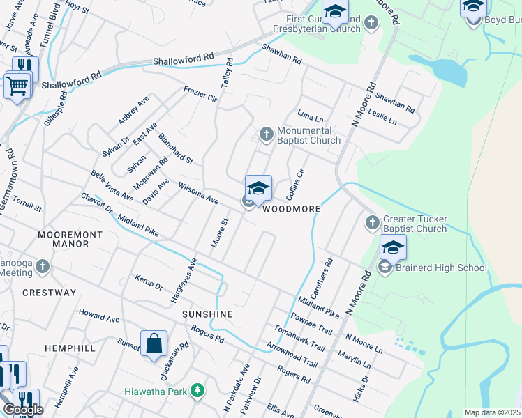 map of restaurants, bars, coffee shops, grocery stores, and more near 800 Woodmore Lane in Chattanooga