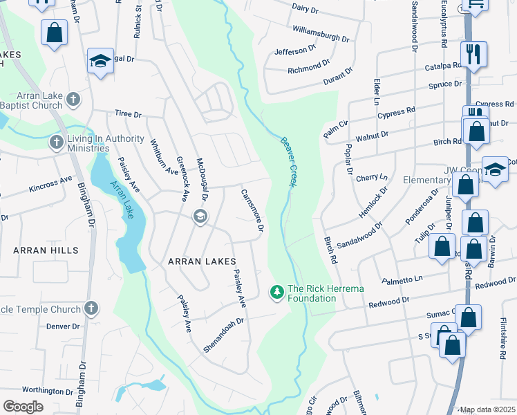 map of restaurants, bars, coffee shops, grocery stores, and more near 1405 Carnsmore Drive in Fayetteville