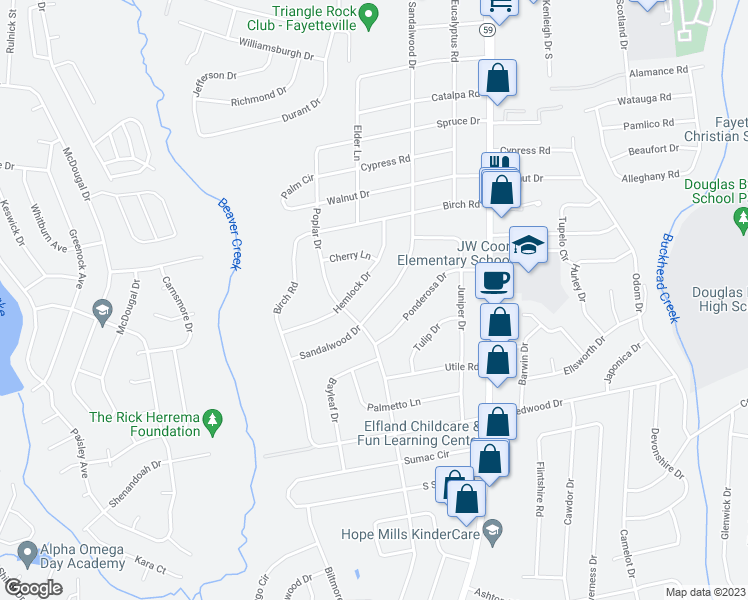 map of restaurants, bars, coffee shops, grocery stores, and more near 910 Sandalwood Drive in Fayetteville