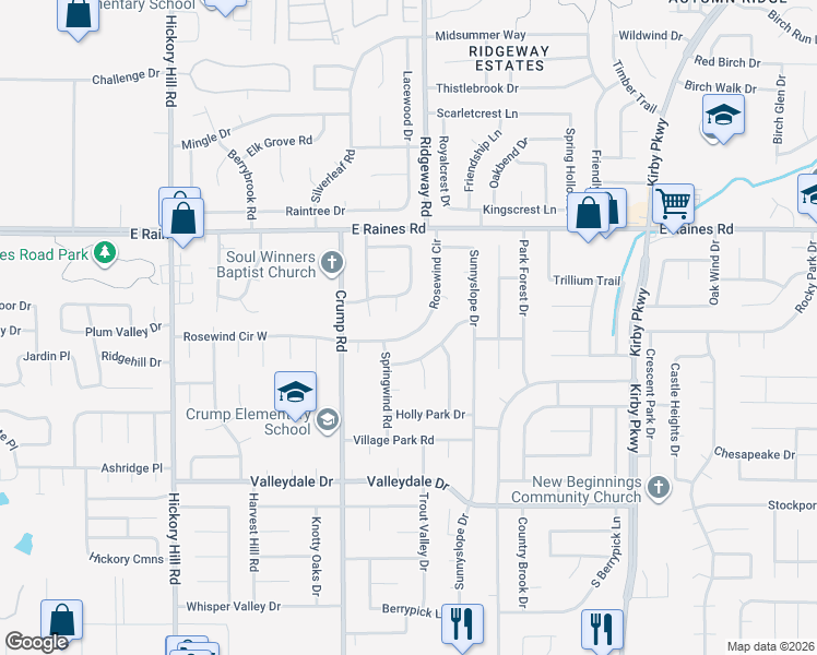 map of restaurants, bars, coffee shops, grocery stores, and more near 4238 Runningbrook Circle in Memphis