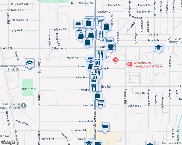 map of restaurants, bars, coffee shops, grocery stores, and more near 1137 Brownlee Rd in Memphis