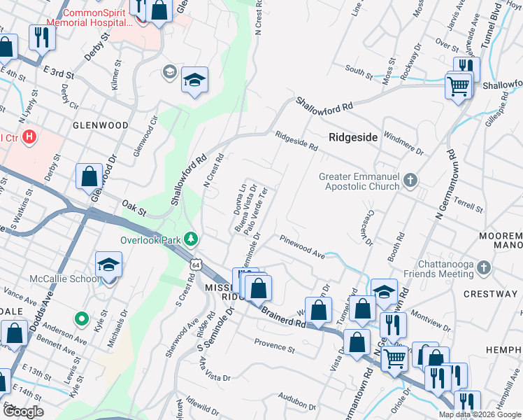 map of restaurants, bars, coffee shops, grocery stores, and more near 217 Buena Vista Drive in Chattanooga