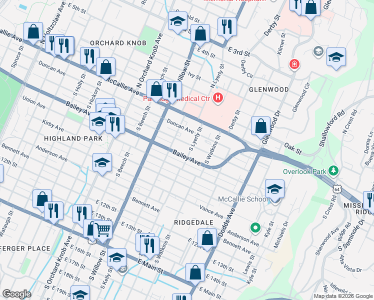 map of restaurants, bars, coffee shops, grocery stores, and more near 2209 Chamberlain Avenue in Chattanooga