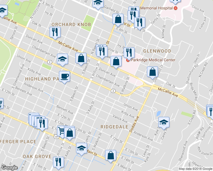 map of restaurants, bars, coffee shops, grocery stores, and more near 2209 Chamberlain Avenue in Chattanooga