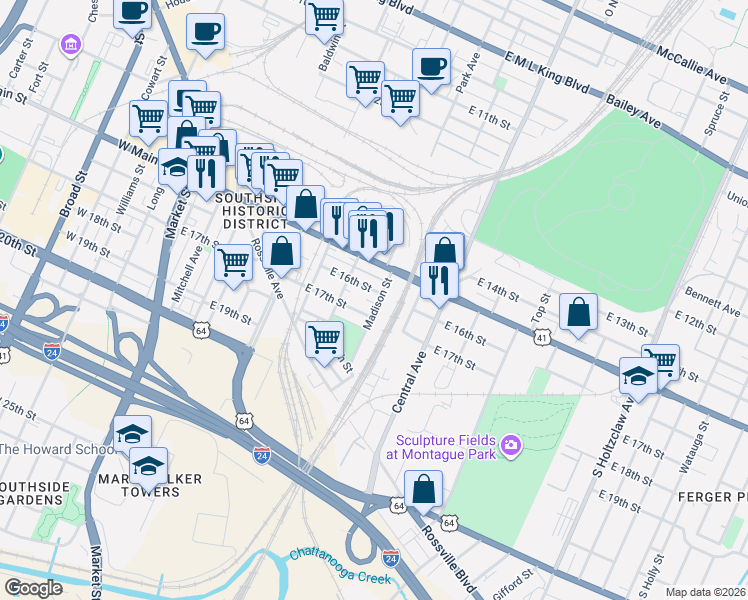 map of restaurants, bars, coffee shops, grocery stores, and more near 624 East Main Street in Chattanooga
