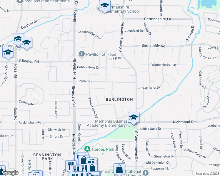 map of restaurants, bars, coffee shops, grocery stores, and more near 7120 Snyder Road in Memphis