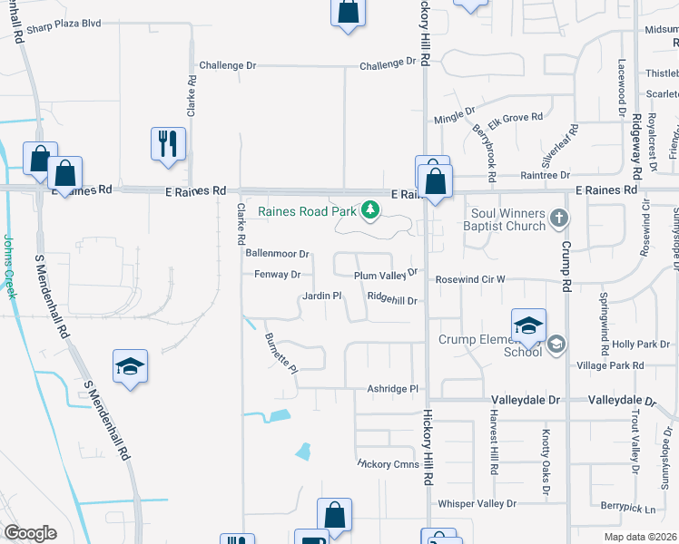 map of restaurants, bars, coffee shops, grocery stores, and more near 4257 Peach Valley Drive in Memphis