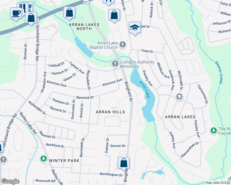 map of restaurants, bars, coffee shops, grocery stores, and more near 6327 Rannock Drive in Fayetteville