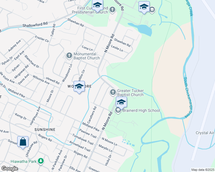 map of restaurants, bars, coffee shops, grocery stores, and more near 1210 North Moore Road in Chattanooga