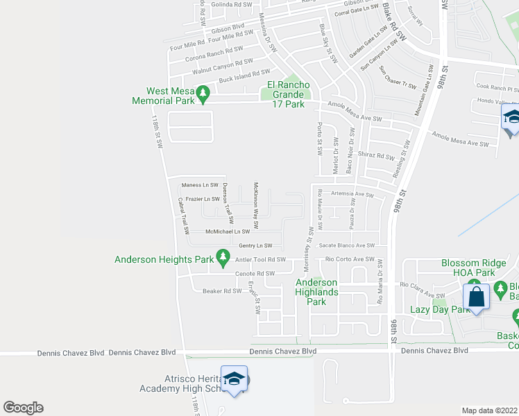 map of restaurants, bars, coffee shops, grocery stores, and more near 2924 Mckinnon Way Southwest in Albuquerque