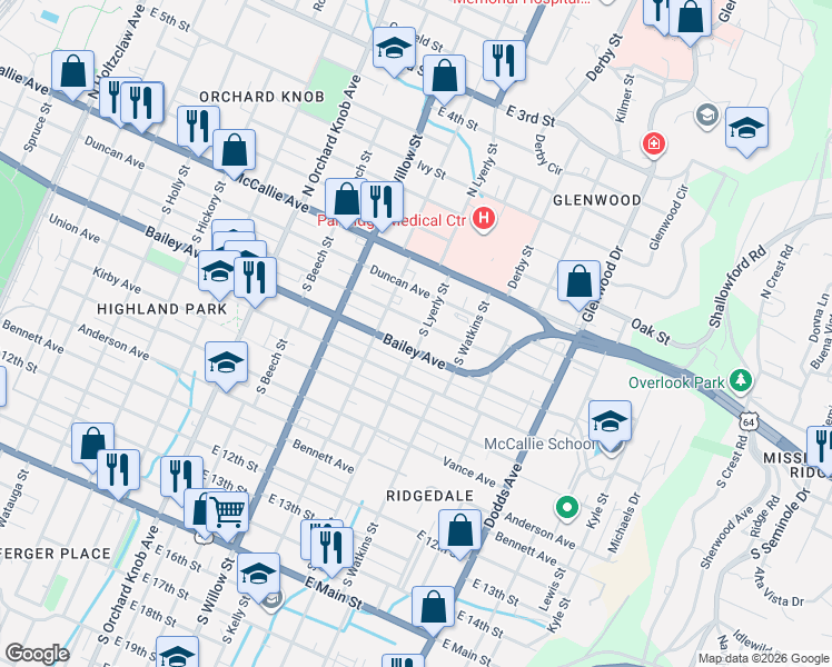 map of restaurants, bars, coffee shops, grocery stores, and more near 2209 Chamberlain Avenue in Chattanooga