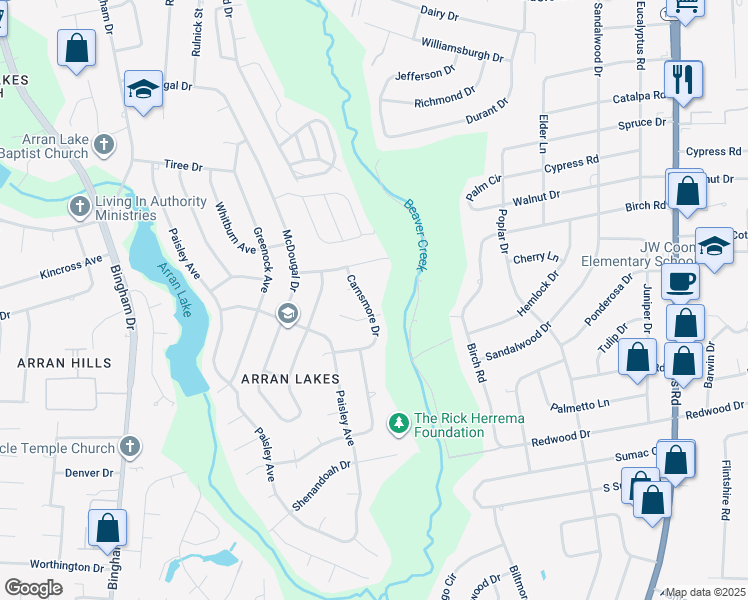 map of restaurants, bars, coffee shops, grocery stores, and more near 1405 Carnsmore Drive in Fayetteville