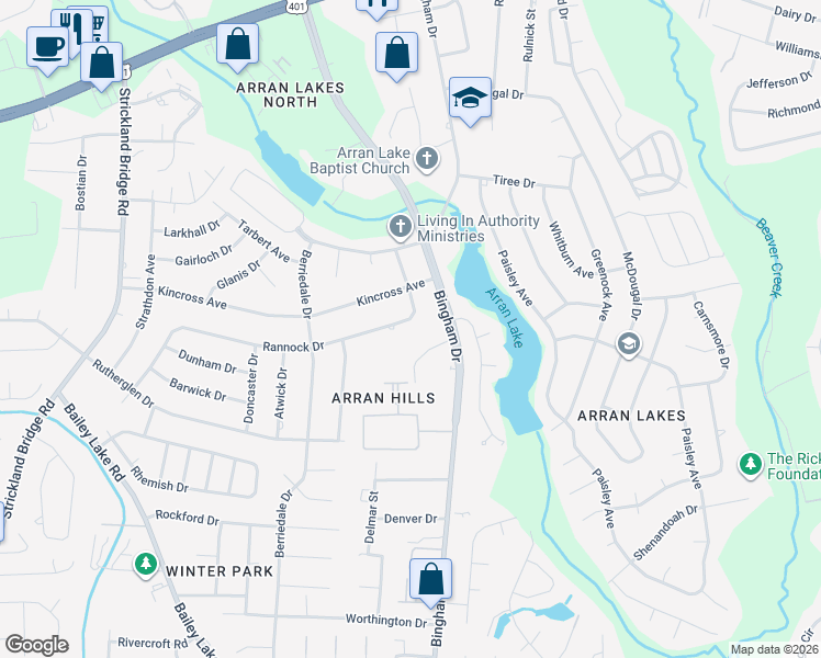 map of restaurants, bars, coffee shops, grocery stores, and more near 6311 Rannock Drive in Fayetteville