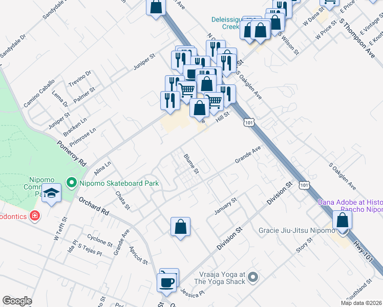 map of restaurants, bars, coffee shops, grocery stores, and more near 247 Blume Street in Nipomo