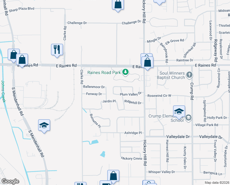 map of restaurants, bars, coffee shops, grocery stores, and more near 4257 Peach Valley Drive in Memphis