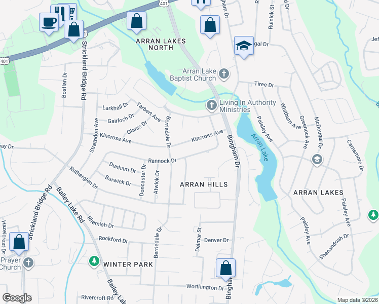 map of restaurants, bars, coffee shops, grocery stores, and more near 6350 Rannock Drive in Fayetteville