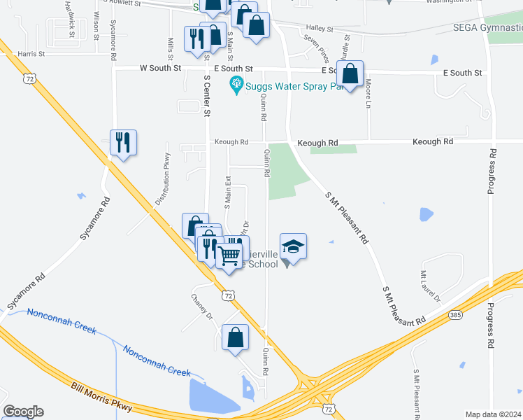 map of restaurants, bars, coffee shops, grocery stores, and more near 485 Quinn Road in Collierville