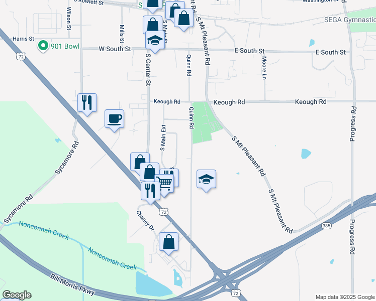 map of restaurants, bars, coffee shops, grocery stores, and more near 461 Quinn Road in Collierville