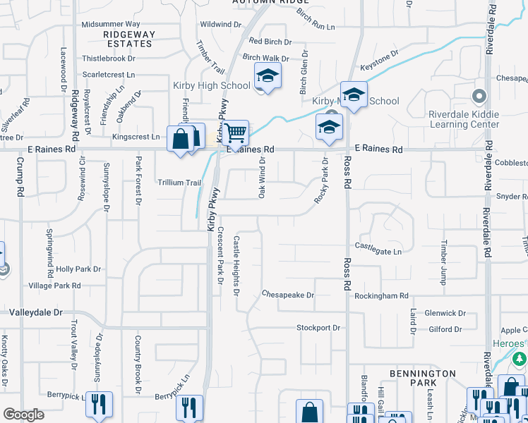 map of restaurants, bars, coffee shops, grocery stores, and more near 6548 Rocky Park Drive in Memphis